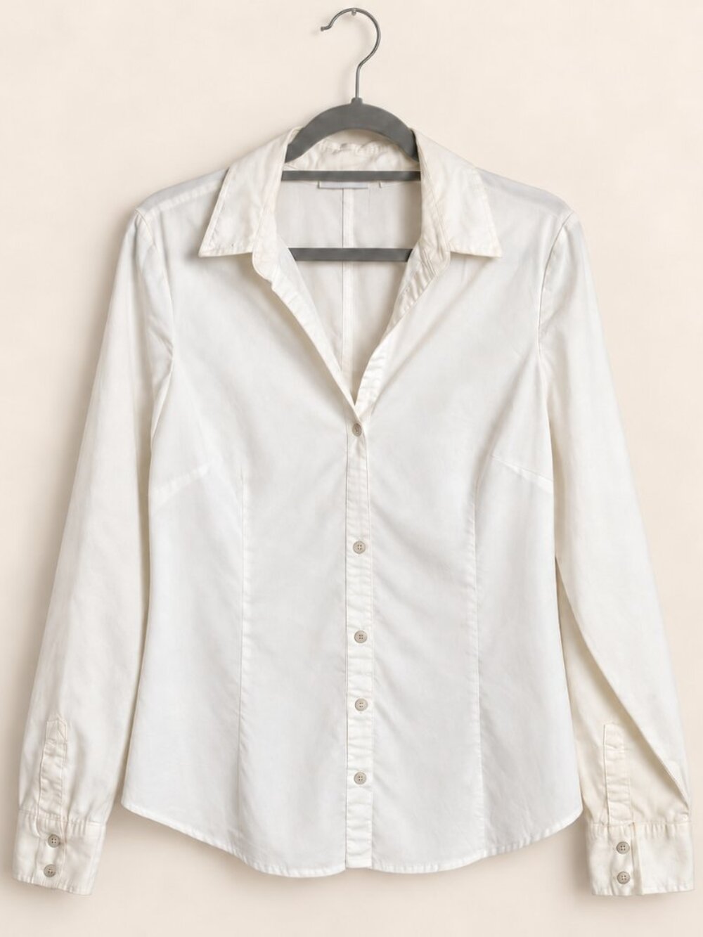 New York & Company White Fitted Button-Up Shirt Long Sleeve L